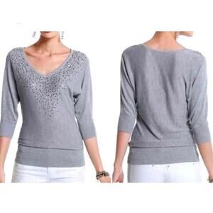 White House Black Market V-Neck Light Grey Sequin batwing Sweater 3/4 sleeve  M